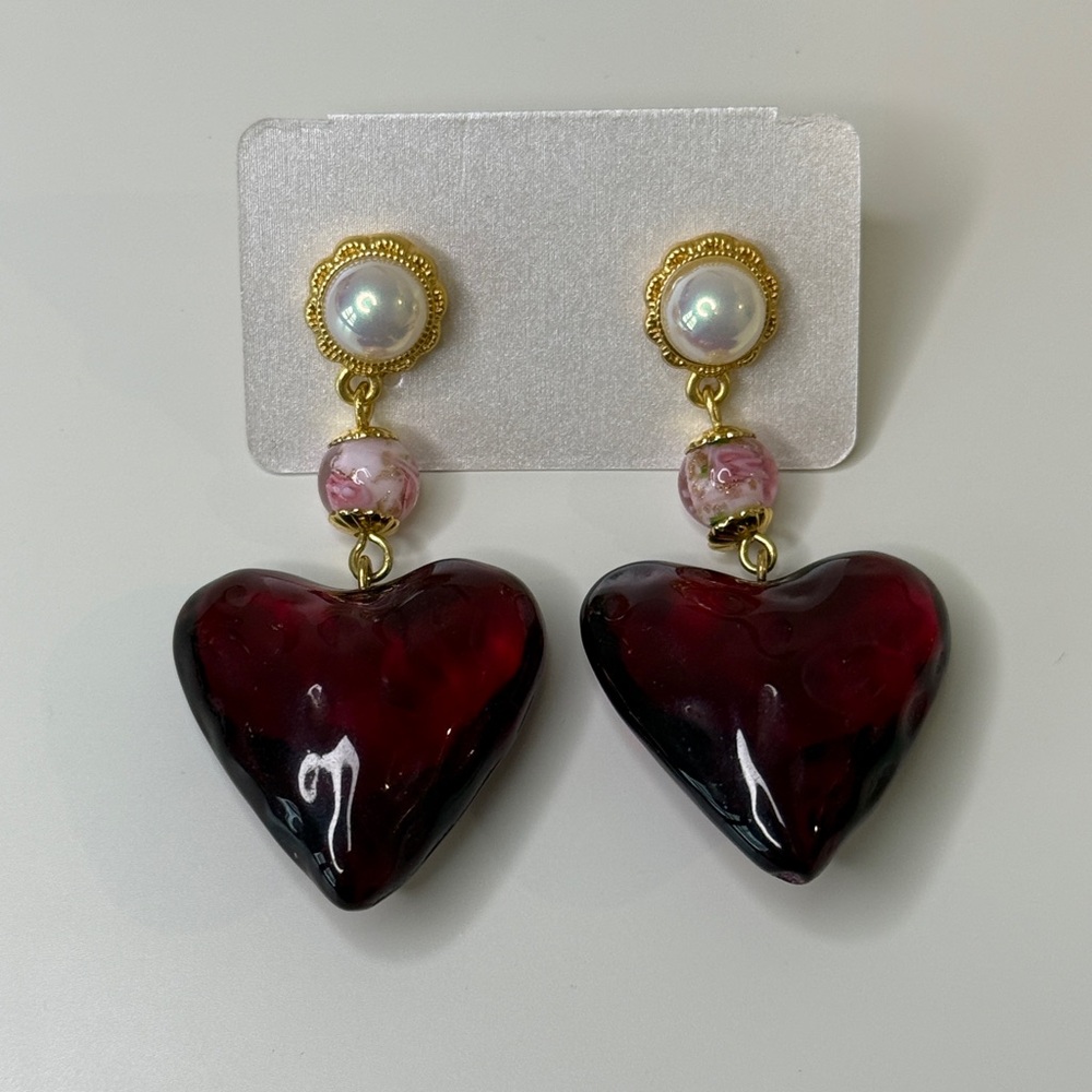 Gold Pearl & Burgundy Heart Drop Earrings - Women Jewelry